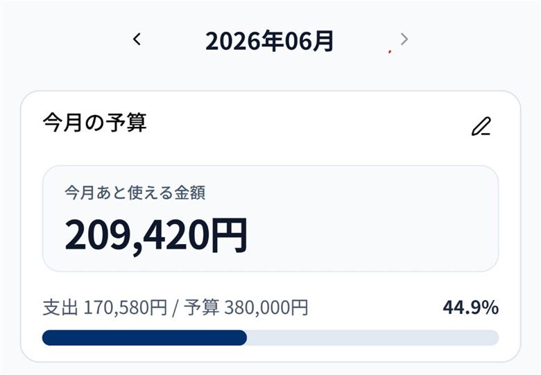 今月の予算カード。残り209,420円と支出・予算の画面