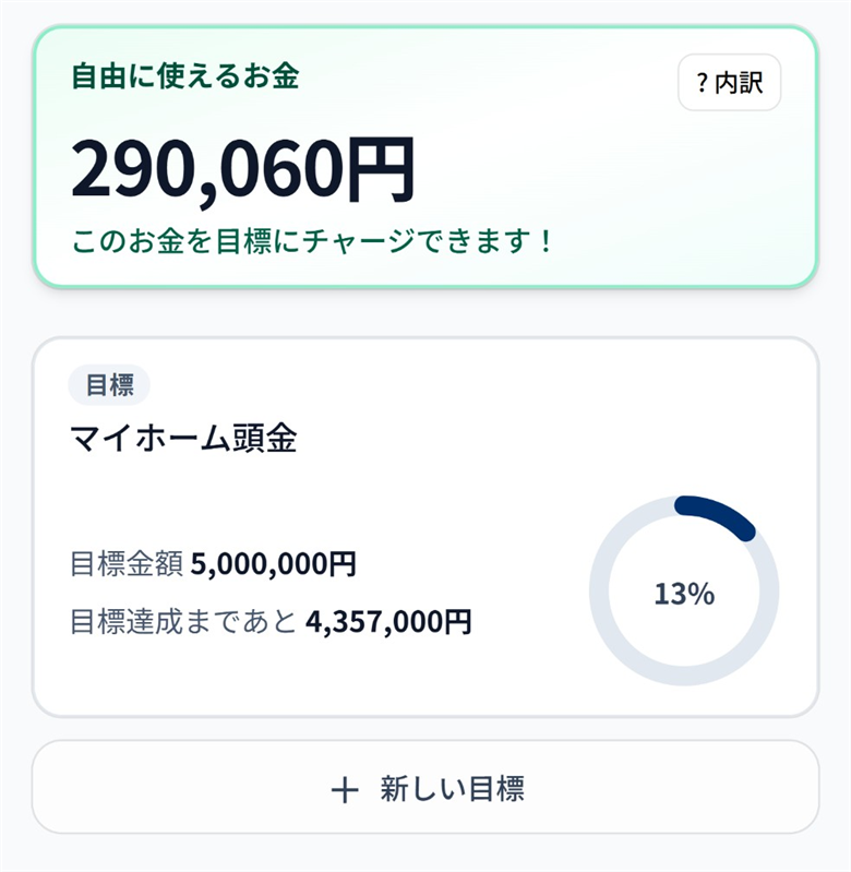 自由に使えるお金とマイホーム頭金目標の進捗の画面